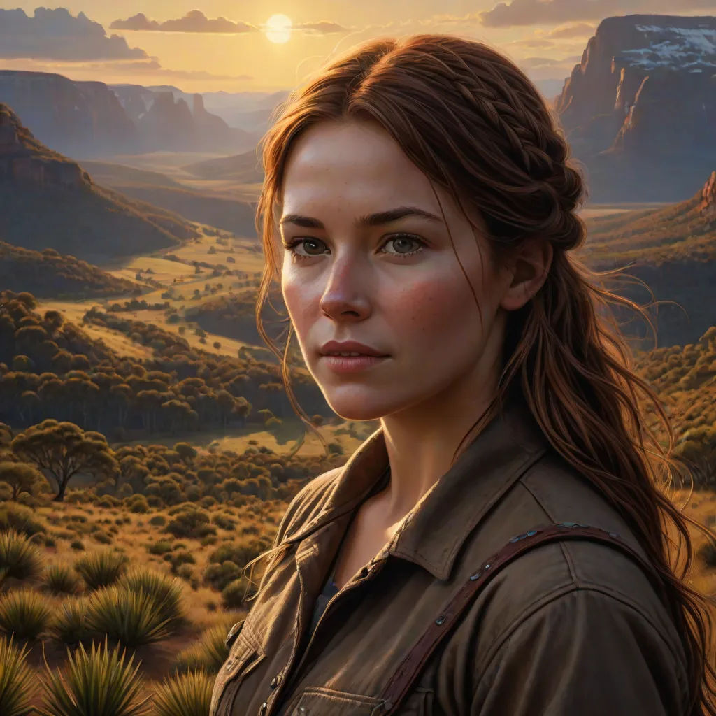 a painting of a woman in a desert setting with mountains in the background and a sunset in the distance, photorealism, a hyperrealistic painting, Clint Cearley, extremely detailed oil painting