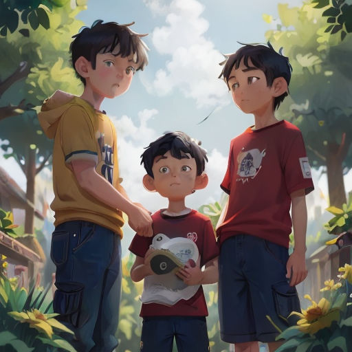 three boys standing next to each other in a forest with sunflowers and trees in the background, one boy holding a camera