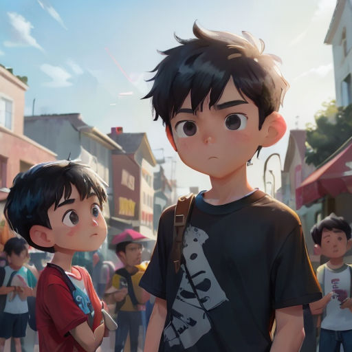 a boy and a girl standing in front of a crowd of people in a city street with a sky background