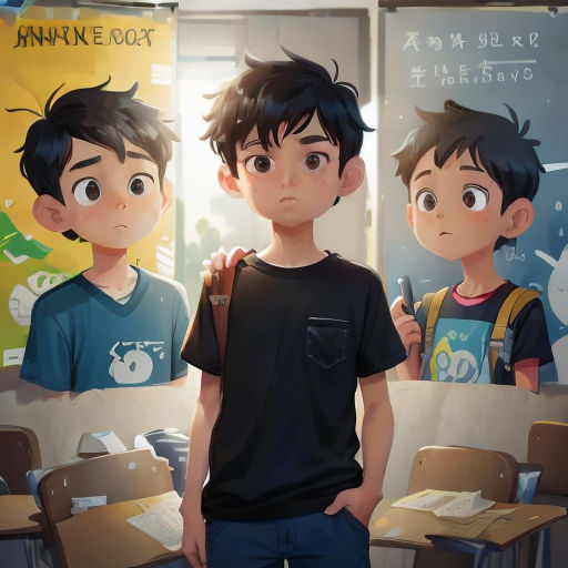 a boy standing in front of a classroom with two other boys behind him and a poster of him behind him