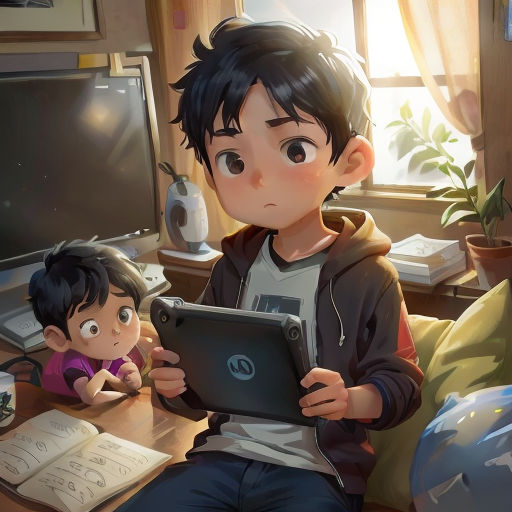 a boy and a girl sitting at a desk looking at a tablet computer screen and looking at a book