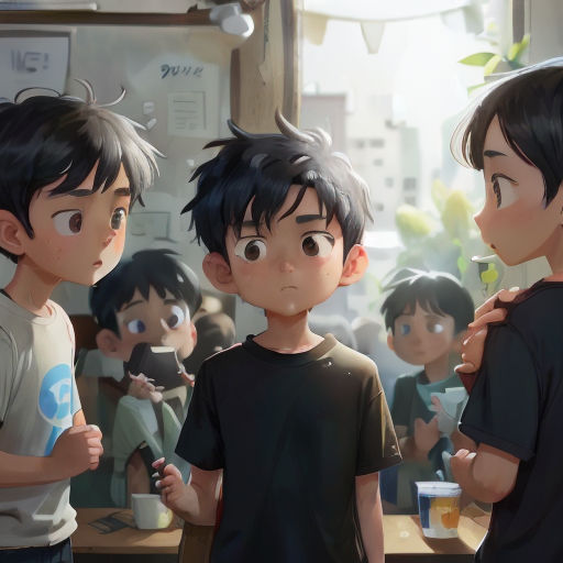 a group of young boys standing next to each other in front of a window with a plant on it