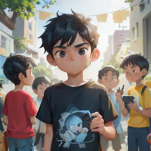 a boy standing in front of a group of children in a city street with a cell phone in his hand