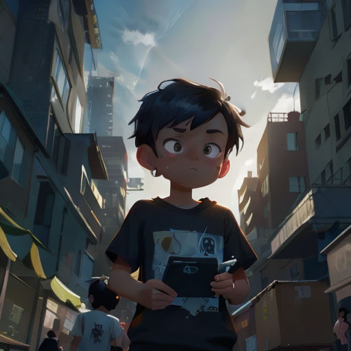 a boy standing in a city holding a tablet computer and a cigarette in his hand, with a cityscape in the background