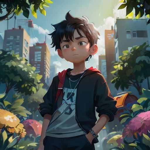 a boy standing in a city park with a backpack on his shoulder and a backpack on his shoulder, looking at the camera