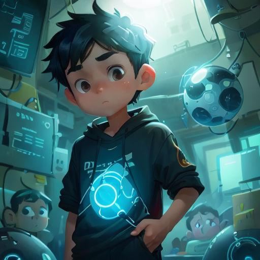a boy in a black shirt standing in a room with a light on his chest and a ball in his hand
