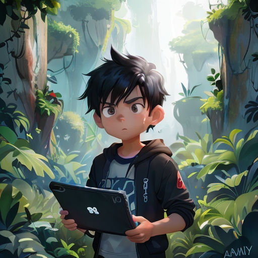a boy in a hoodie holding a laptop in a jungle area with trees and plants around him and a forest background