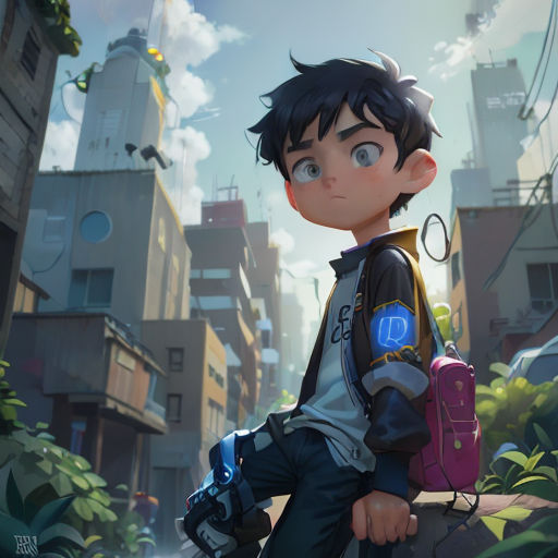 a boy with a backpack and a camera in a city setting with buildings and trees in the background, looking up at the sky
