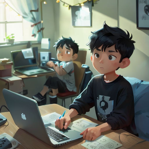 a boy sitting at a desk with a laptop and a book in front of him and another boy sitting at a desk with a laptop