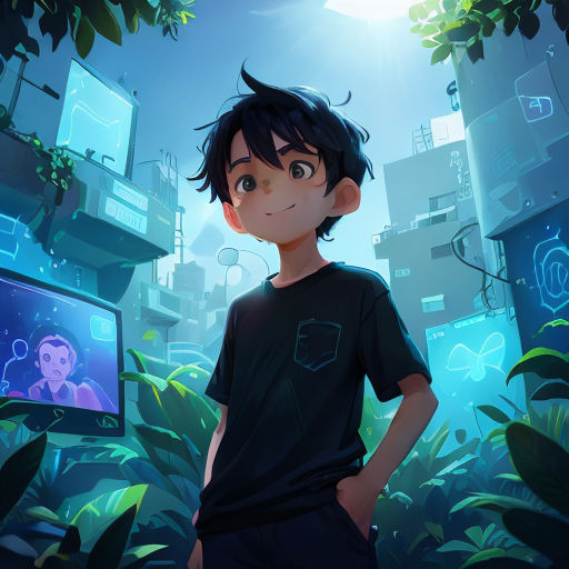 a boy standing in front of a computer monitor in a jungle setting with a plant in the foreground