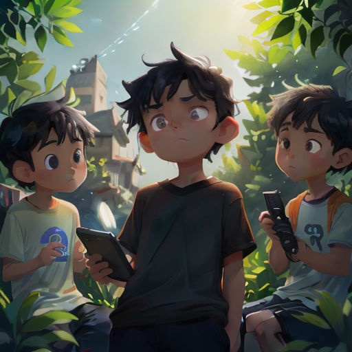 three children are looking at a tablet in the woods, one of them is holding a phone and the other is looking at a tablet