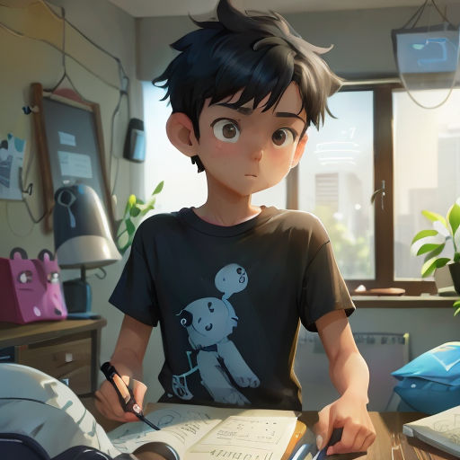 a boy is sitting at a desk with a book and pen in his hand and looking at the camera