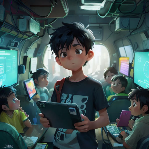 a boy is holding a tablet in a crowded room with other children looking on and looking at it while on a computer