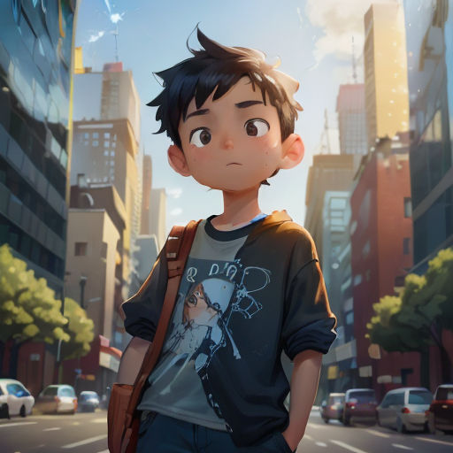 a boy standing in the middle of a city street with a backpack on his shoulder and a cityscape in the background