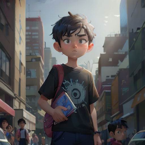 a boy with a book in his hand standing in the middle of a city street with a crowd of people