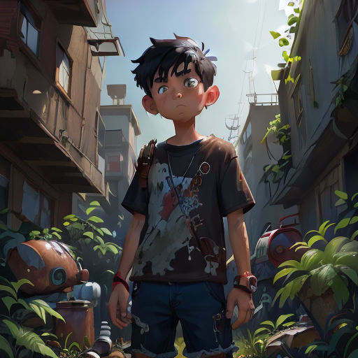 a boy standing in a city with a backpack on his shoulder and a camera in his hand, in front of a building