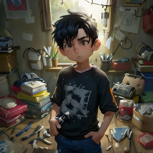 a boy standing in a messy room with a camera in his hand and a bunch of clutter on the floor
