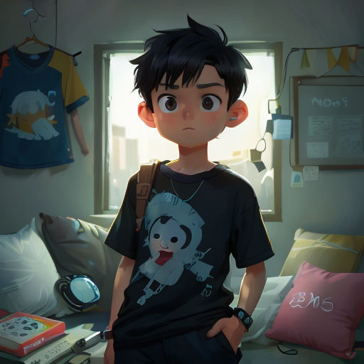 a boy standing in a bedroom with a teddy bear on his shirt and a backpack on his shoulder, with a window behind him