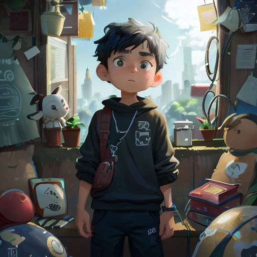 a boy standing in a room with a bunch of toys on the floor and a window in the background