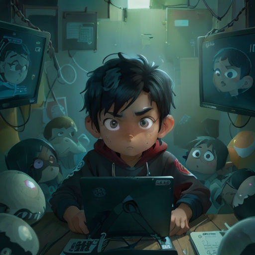 a boy sitting at a table with a laptop in front of him and a bunch of other children around him