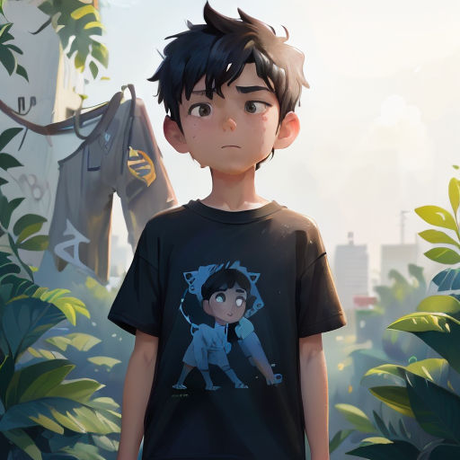 a boy standing in front of a jungle with a t - shirt on his chest and a cat on his shoulder
