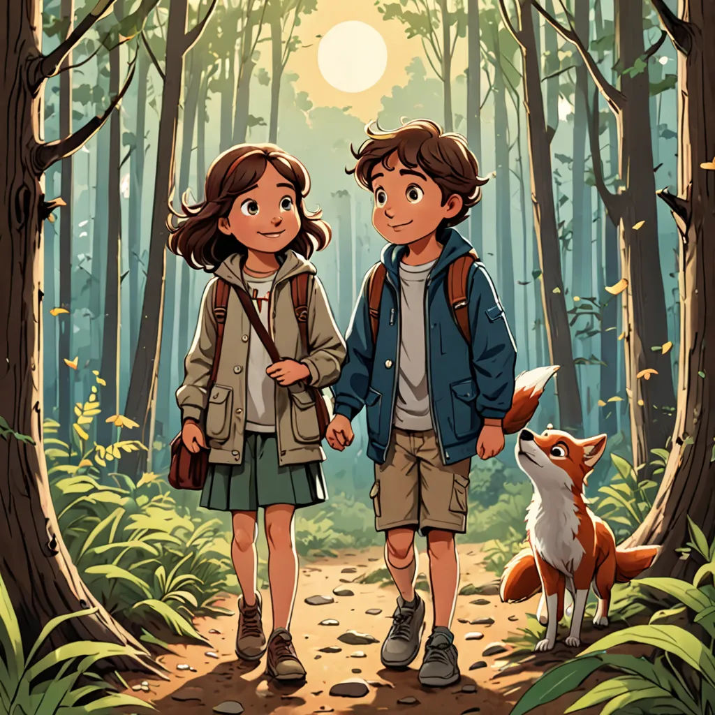 a couple of people standing in the woods next to a fox and a fox cub on a trail with a forest background, lyco art, a storybook illustration, Diego Gisbert Llorens, comic cover art