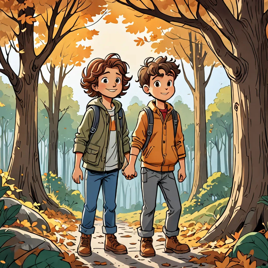 two boys are walking in the woods holding hands and looking at each other with autumn leaves on the ground, sots art, a storybook illustration, Cliff Childs, comic cover art