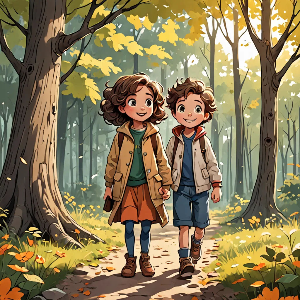 a couple of kids walking down a forest path holding hands and looking at each other's eyes with trees in the background, serial art, a storybook illustration, Diego Gisbert Llorens, official art