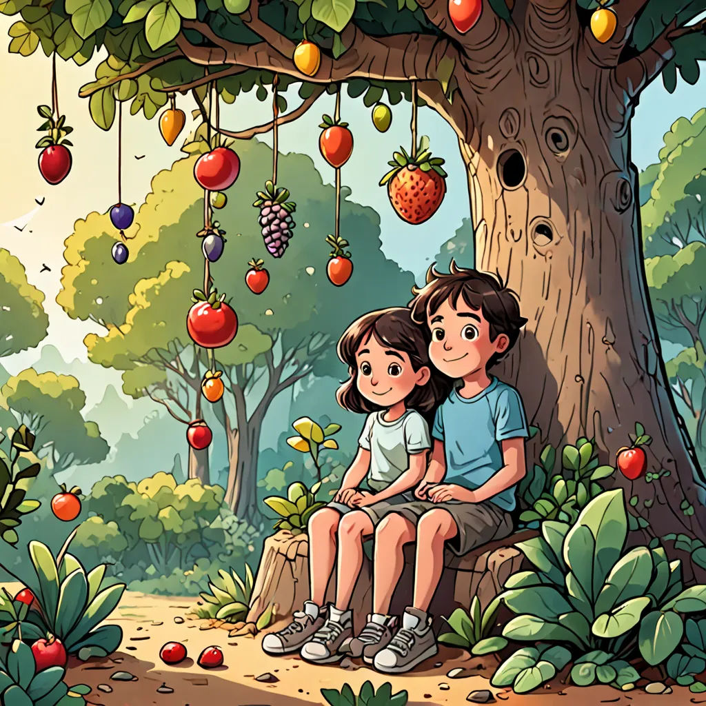 a couple of people sitting on a bench under a tree in a forest with fruit hanging from the branches, lyco art, a storybook illustration, Diego Gisbert Llorens, berries