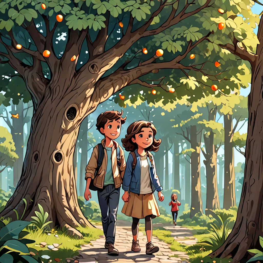a couple of people walking down a path next to a tree filled with oranges and an apple tree, environmental art, a storybook illustration, Diego Gisbert Llorens, storybook illustration