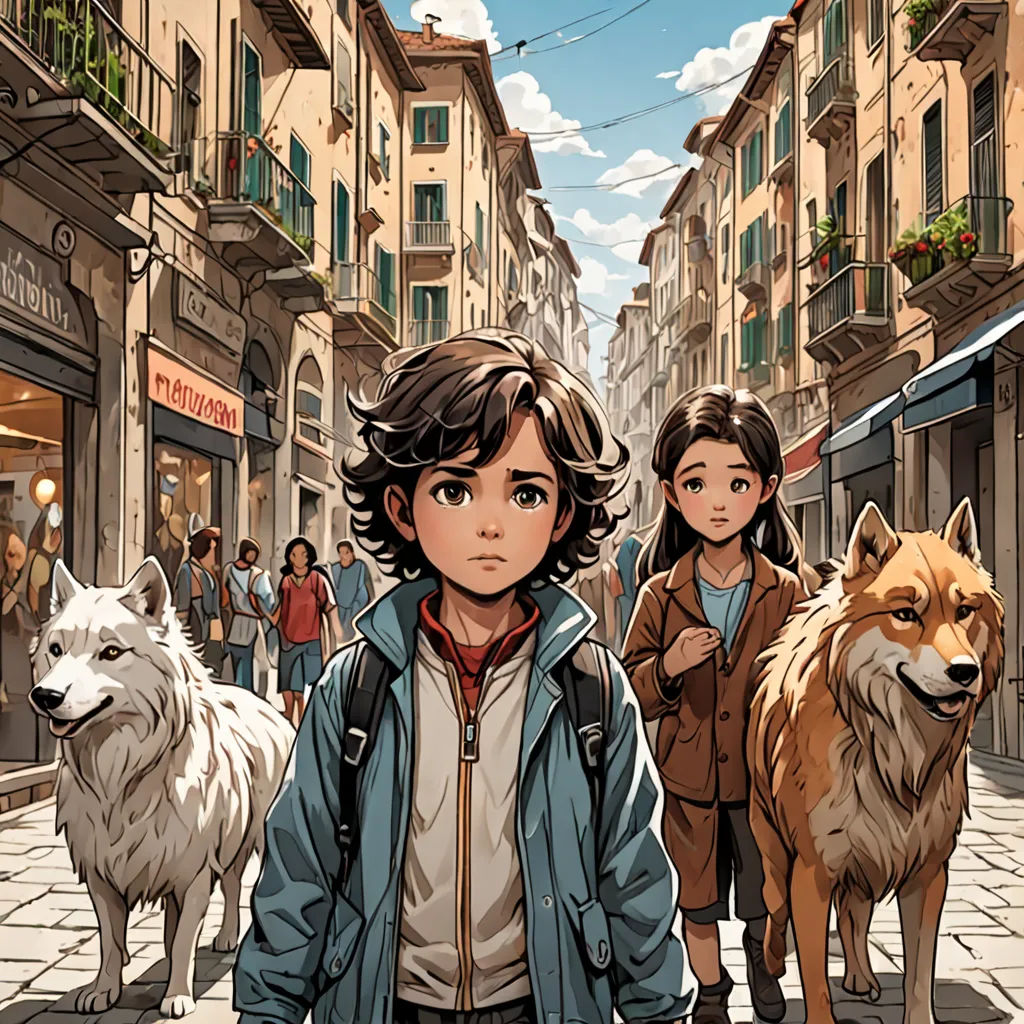 a boy and a girl are walking down the street with two dogs and a wolf behind them, and a man is standing in the street, furry art, a comic book panel, Achille Leonardi, comic cover art