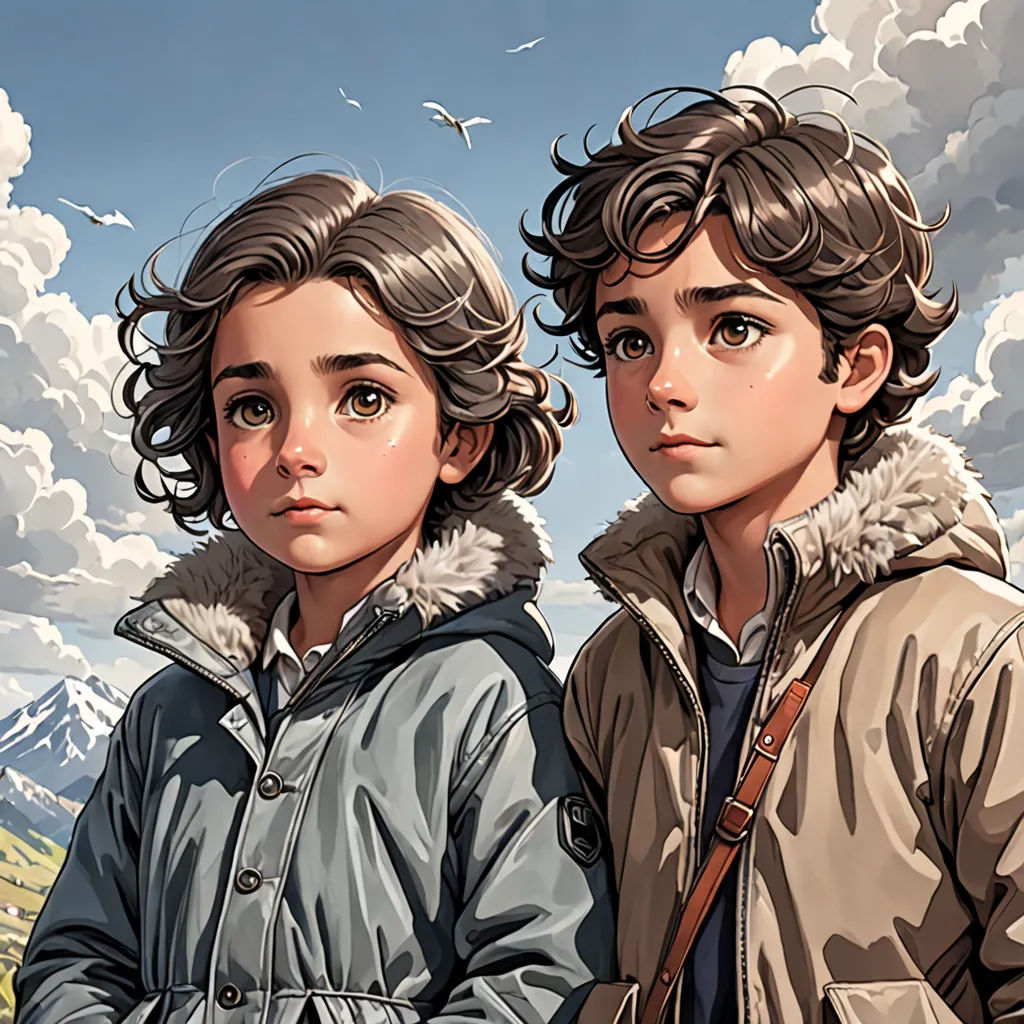 a couple of people standing next to each other on a field with a sky background and clouds in the background, serial art, a comic book panel, Brothers Hildebrandt, stanley artgerm lau