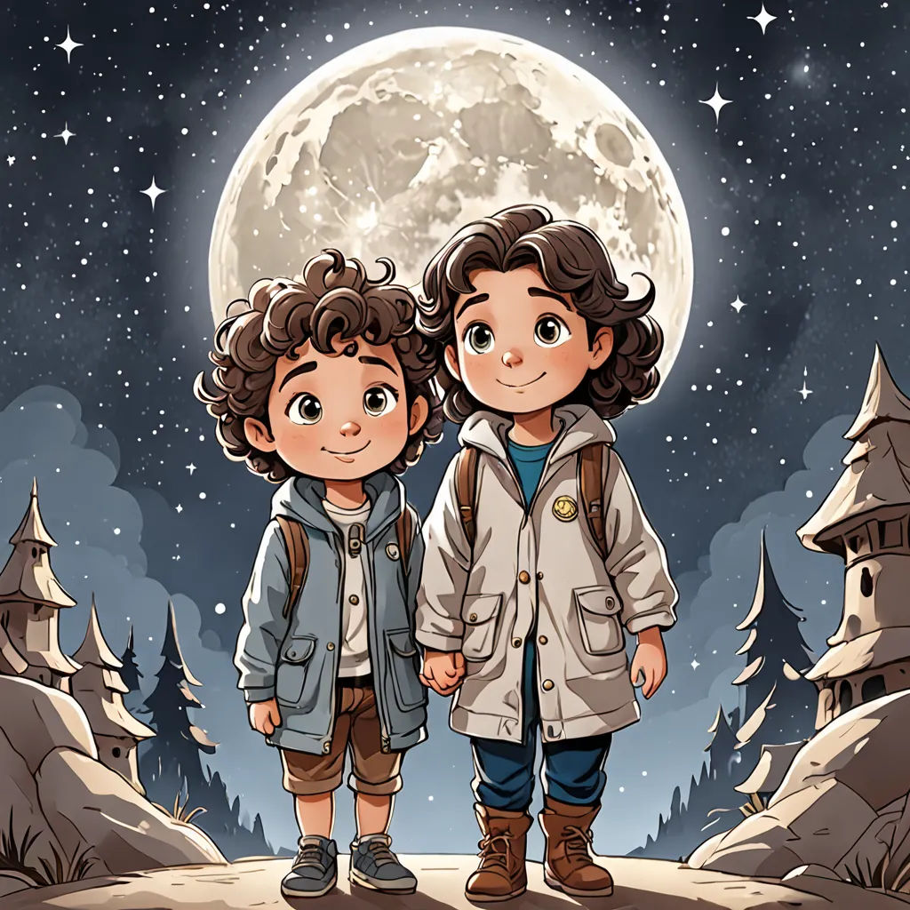 two children standing in front of a full moon with a castle in the background illustration by alex krawc, space art, a storybook illustration, Diego Gisbert Llorens, official art