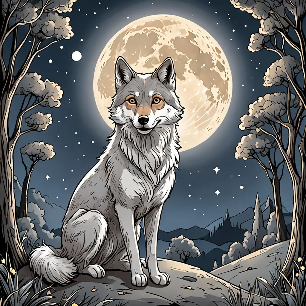 a wolf sitting on a rock in front of a full moon and trees with leaves on it's branches, furry art, a character portrait, Dan Mumford, detailed illustration