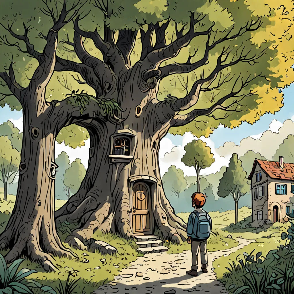 a man standing in front of a tree house in a forest with a man standing next to it looking at the tree, fantasy art, a storybook illustration, Diego Gisbert Llorens, storybook illustration