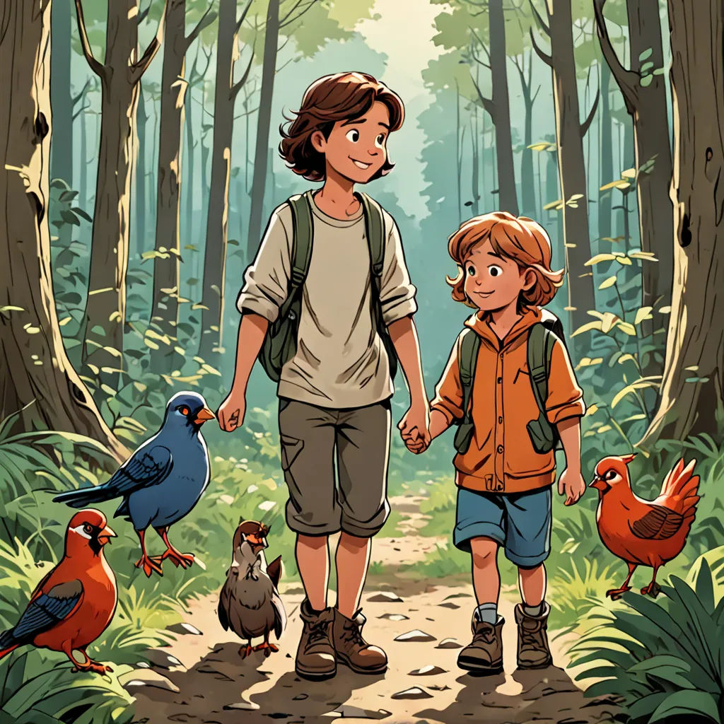 a boy and a boy are walking in the woods with birds around them and a bird on the ground, environmental art, a storybook illustration, Cliff Childs, comic cover art