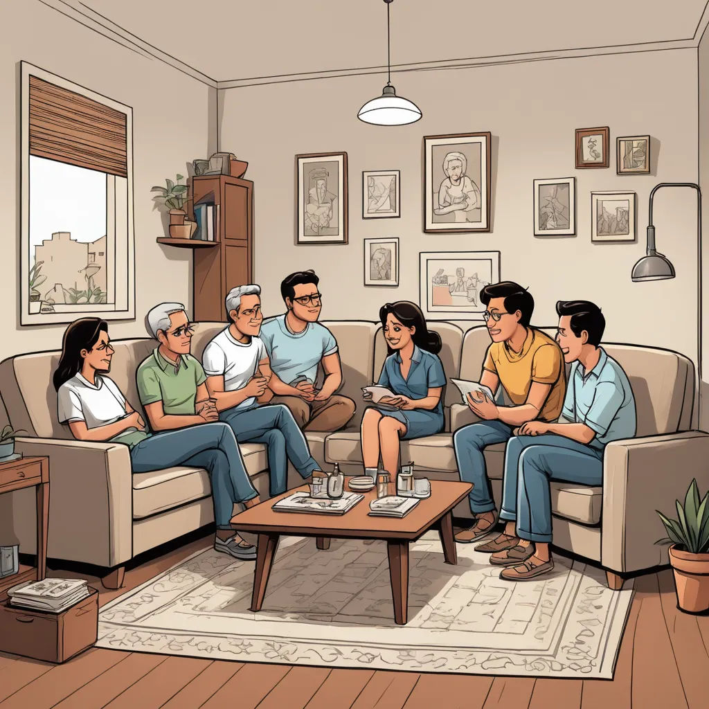 a group of people sitting on a couch in a living room together, one of them is holding a remote, serial art, a comic book panel, Asaf Hanuka, graphic novel