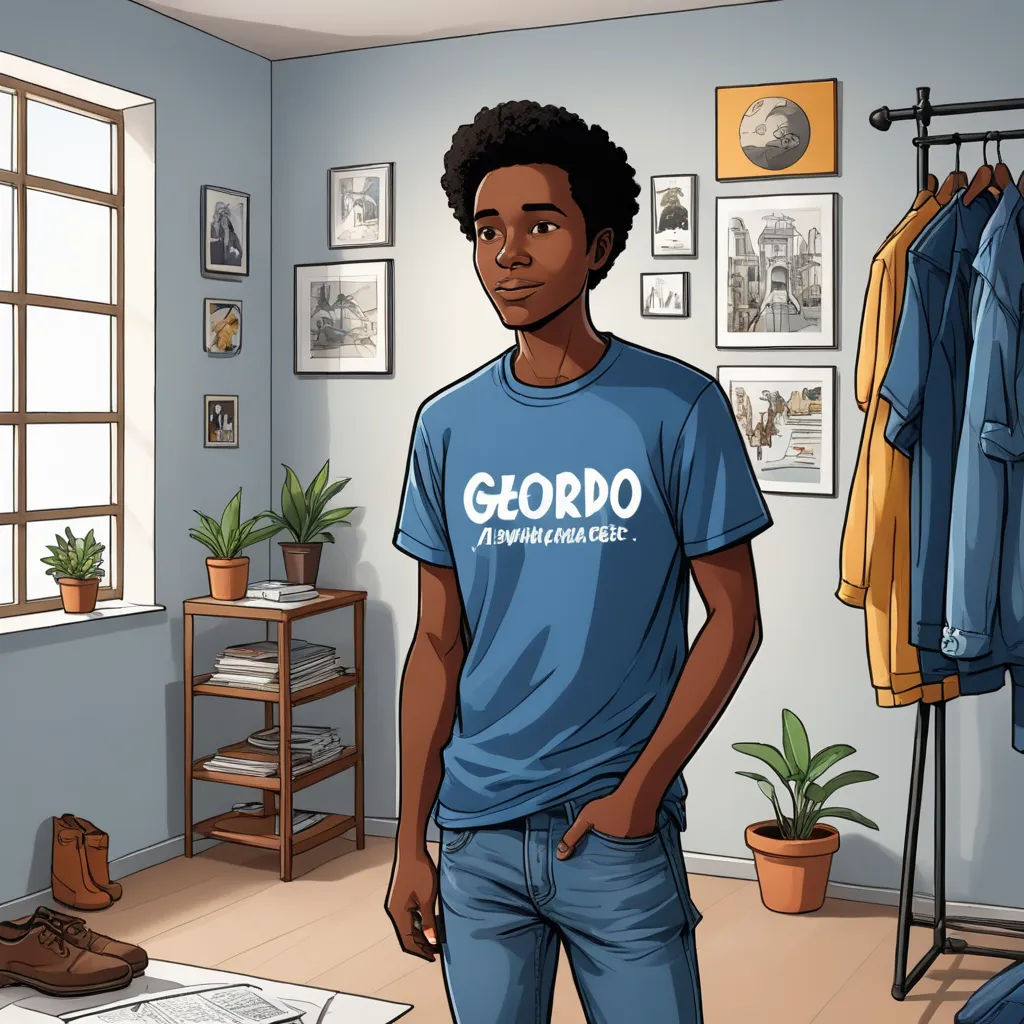 a cartoon of a man standing in a room with a blue shirt on and a plant in the corner, afrofuturism, a character portrait, Cedric Seaut (Keos Masons), character sheet