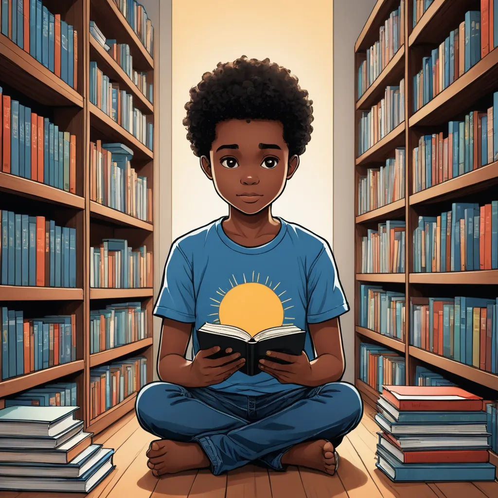 a boy sitting in a library reading a book with a sun on his chest and a book in his hands, afrofuturism, a storybook illustration, Chinwe Chukwuogo-Roy, storybook illustration