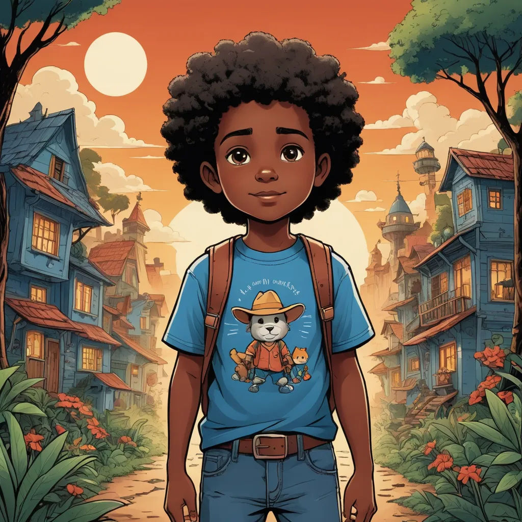 a young boy with a backpack and a teddy bear on his shirt stands in front of a cartoon - like town, harlem renaissance, a storybook illustration, Cliff Childs, comic cover art