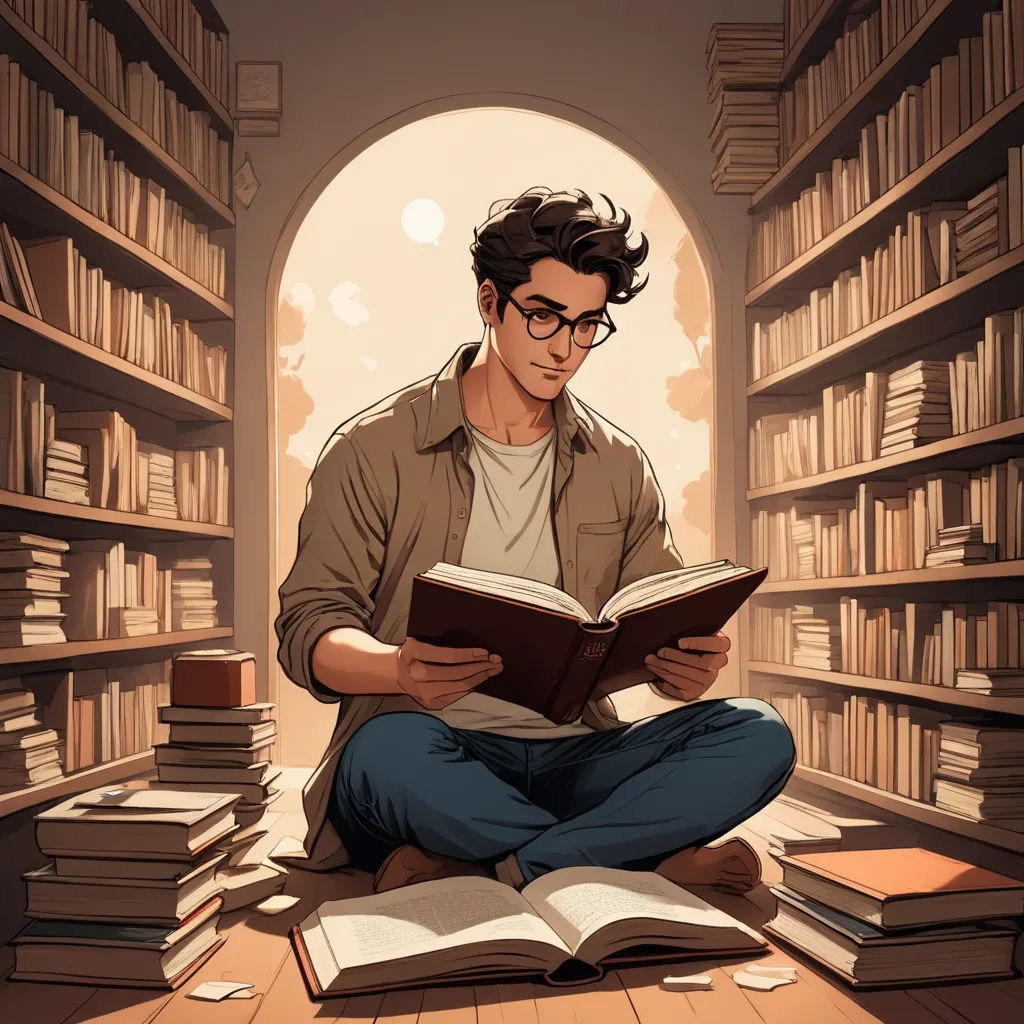 a man sitting on the floor reading a book in a library with a lot of books on the shelves, academic art, a character portrait, Cyril Rolando, rossdraws global illumination