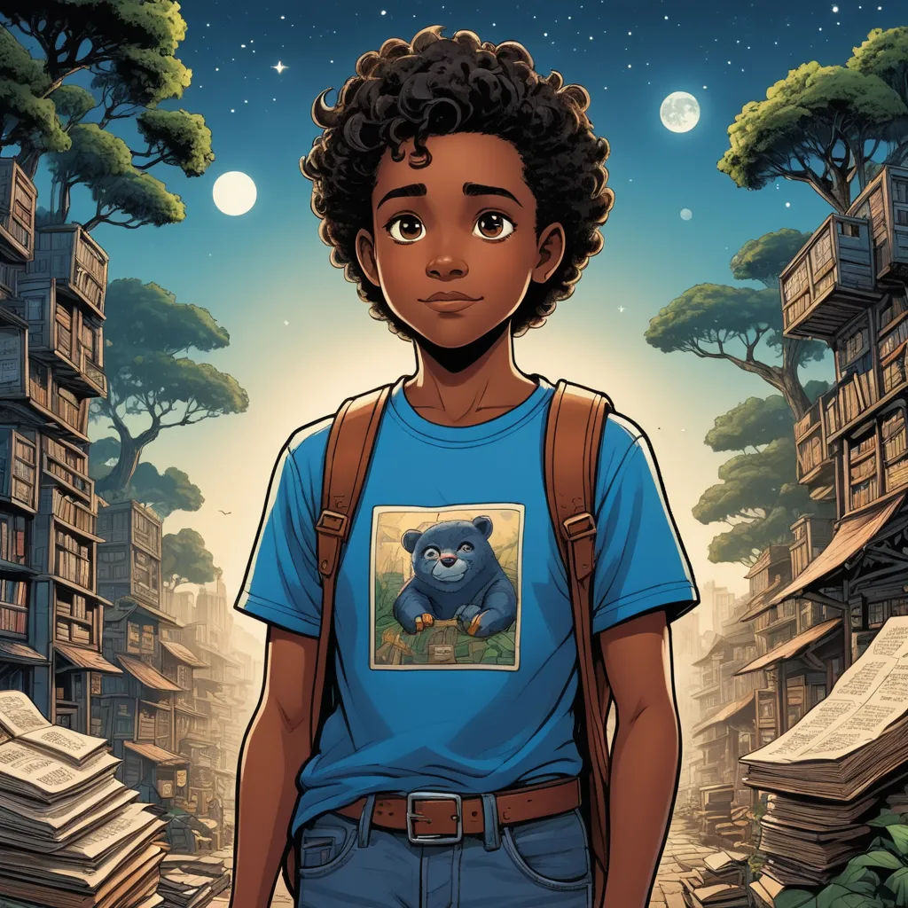a boy with a backpack standing in front of a book shelf filled with books and bookshelves in the background, afrofuturism, poster art, Chris LaBrooy, comic cover art