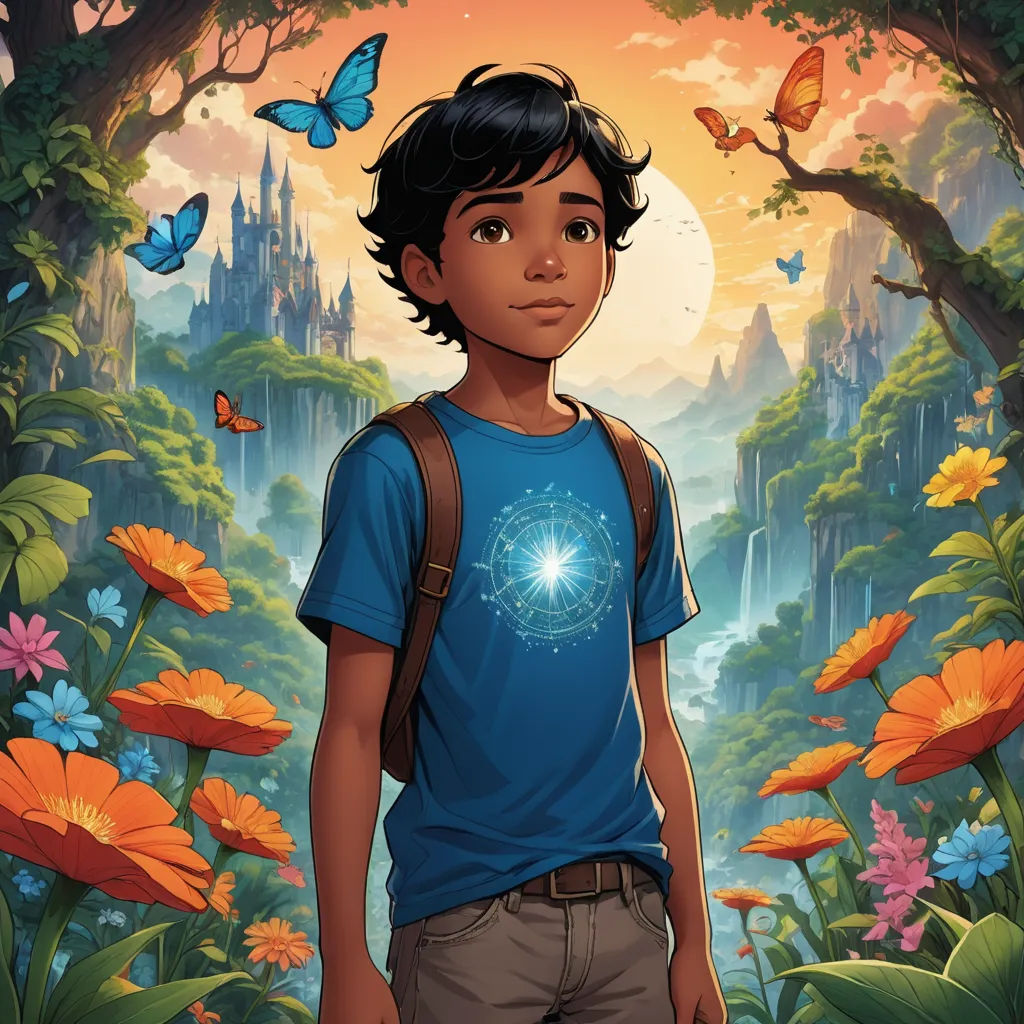 a boy standing in front of a forest with butterflies and flowers on it, with a blue shirt on, magical realism, poster art, Aaron Jasinski, comic cover art
