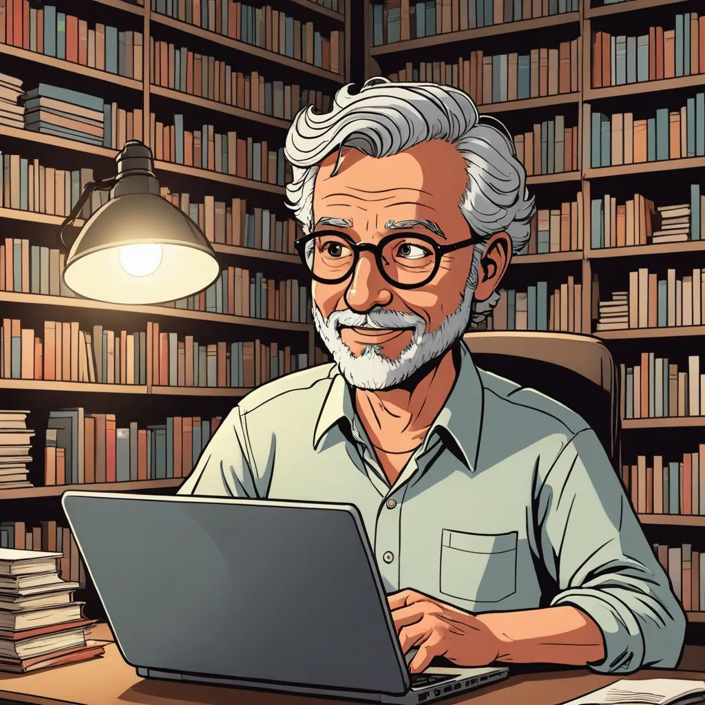 a man sitting at a desk with a laptop in front of a bookcase full of books and a lamp, academic art, computer graphics, Dan Mumford, high detail illustration