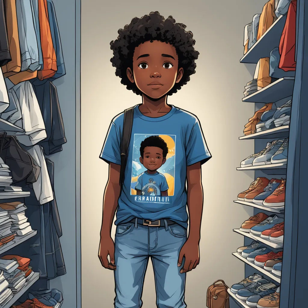 a cartoon of a boy standing in a closet with a backpack on his shoulder and a t - shirt on his chest, photorealism, concept art, Cedric Seaut (Keos Masons), graphic novel