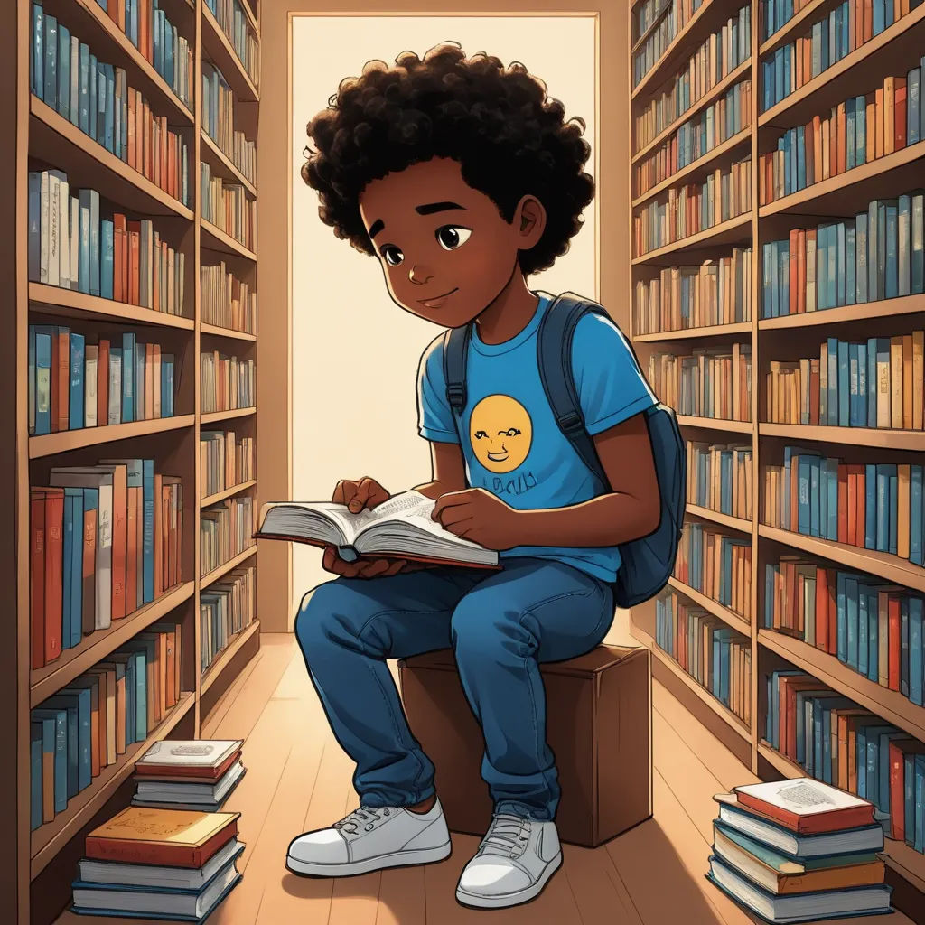 a boy sitting on a box reading a book in a library with bookshelves full of books behind him, afrofuturism, a storybook illustration, Altichiero, comic cover art