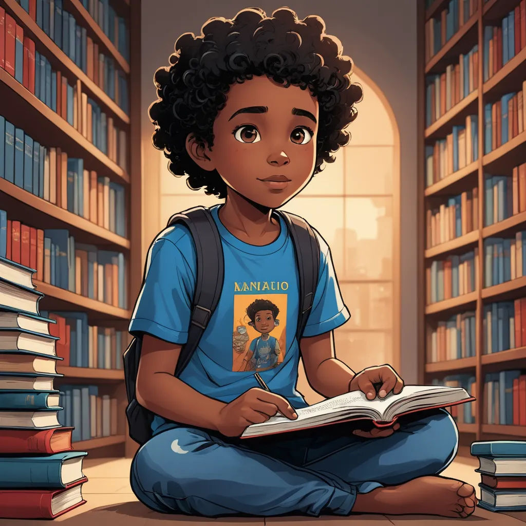 a young boy sitting on the floor in front of a bookcase reading a book with a picture of a boy on it, afrofuturism, a storybook illustration, Chris LaBrooy, comic cover art