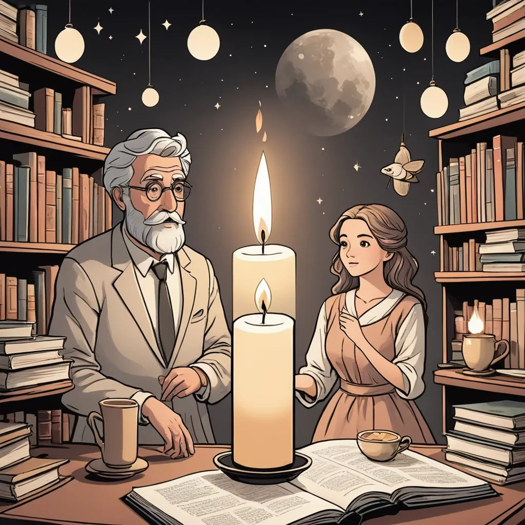 a man and a woman standing in front of a lit candle in a library with books on the shelves, fantasy art, a storybook illustration, Colin Middleton, storybook illustration