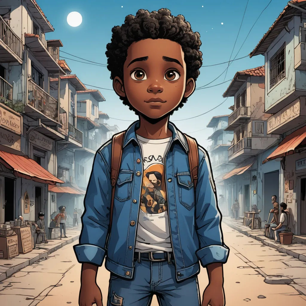 a cartoon of a young black man standing in a street with a city in the background and a full moon, harlem renaissance, a character portrait, Americo Makk, comic cover art