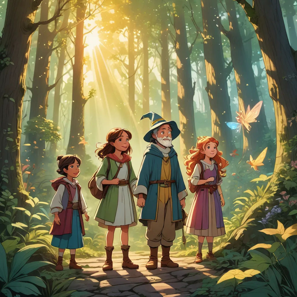 a group of people standing in the woods with a butterfly flying overhead in the background, with a man in a hat and a woman in a dress, sots art, poster art, disney, official art